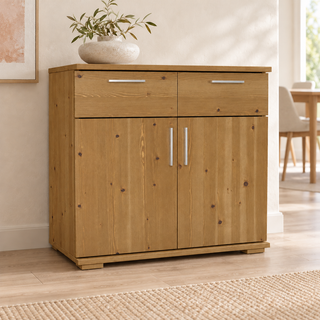Nobis Kommode 2 tueren 2 schubladen, 80 × 74 cm – Antik Kiefer im sonnigen Wohnambiente