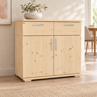 Nobis Kommode 2 tueren 2 schubladen, 80 × 74 cm – Natur unbehandelt ohne Lack im sonnigen Wohnambiente