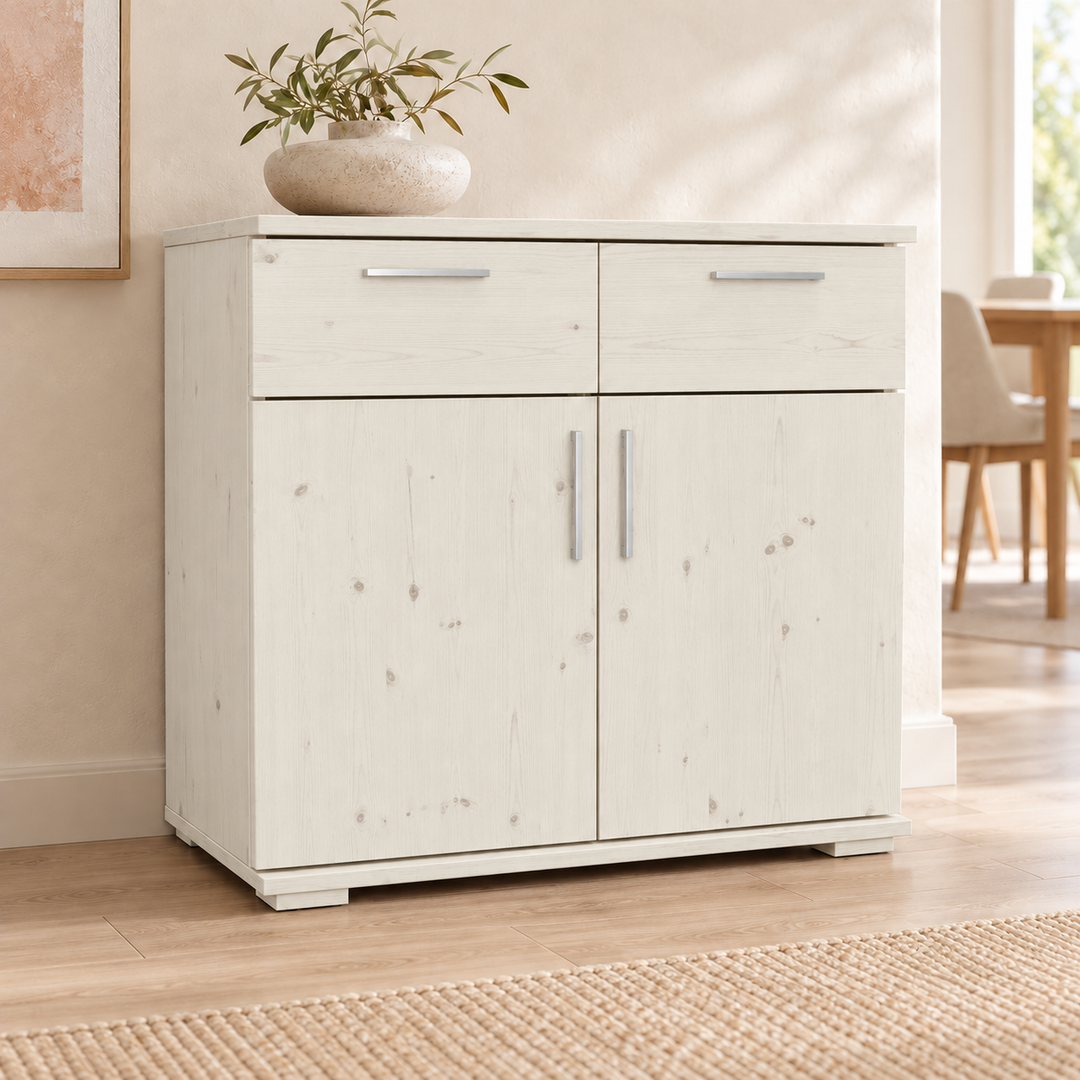 Nobis Kommode 2 tueren 2 schubladen, 80 × 74 cm – Weiss im sonnigen Wohnambiente
