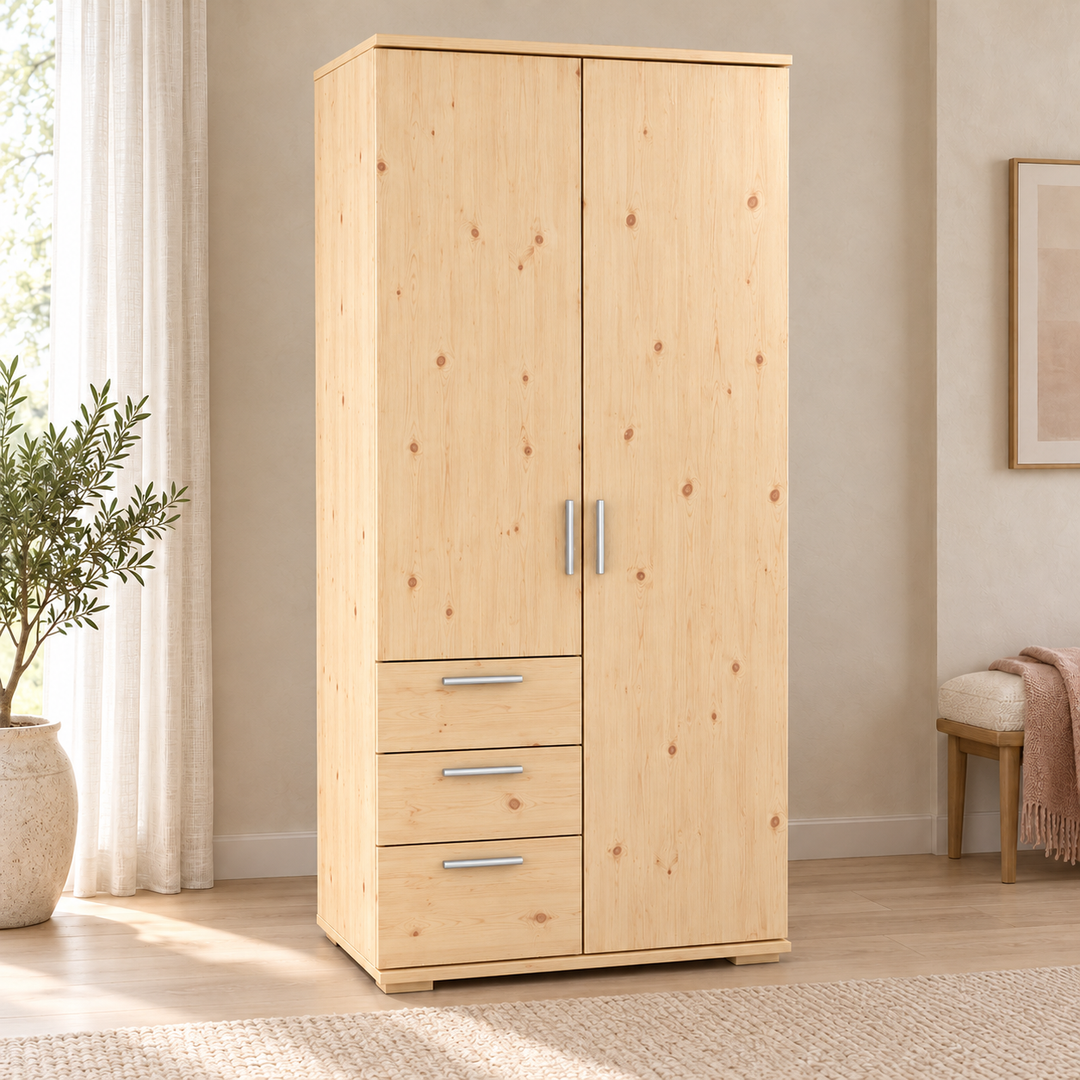 Nobis wardrobe001 – Natur unbehandelt ohne Lack / Schubladen linke Seite, im sonnigen Wohnambiente
