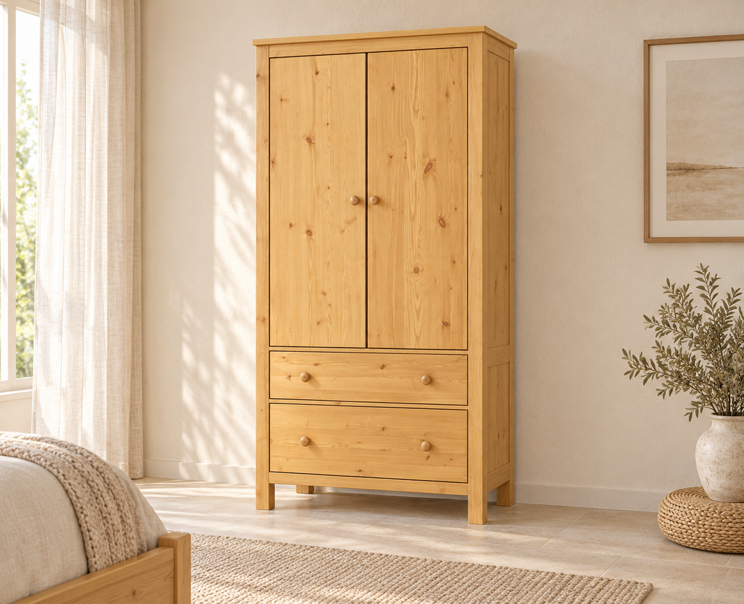 kiefer_massivholz_Kleiderschrank aus Kiefer – Premium Line mit 2 Türen, 2 Schubladen und 3 Regalen – Natur