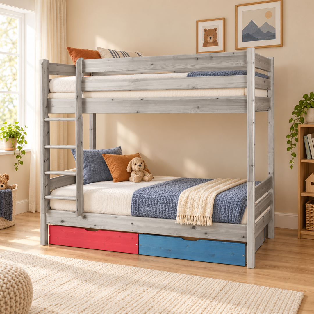 kiefer_massivholz_Bettkasten Geschwisterbett 90x200 cm, Leo Hochbett mit 2 Etagen für Kinder, Zwillingsbett 2x90x200 cm