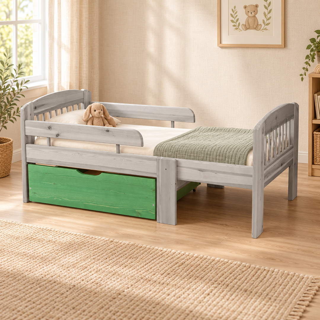 kiefer_massivholz_Leo Bettkasten aus massivem Kiefer für mitwachsendes Babybett 105-150-190cm, Bett aus Kiefernholz