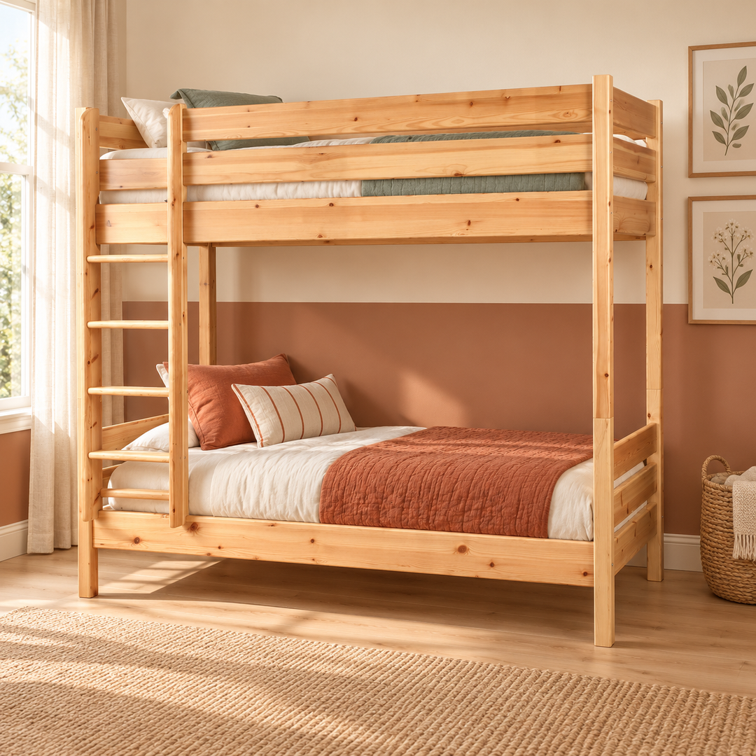 kiefer_massivholz_Leo Geschwisterbett 2x90x200 cm, Hochbett für Kinder, 2 Etagenbett Zwillingsbett