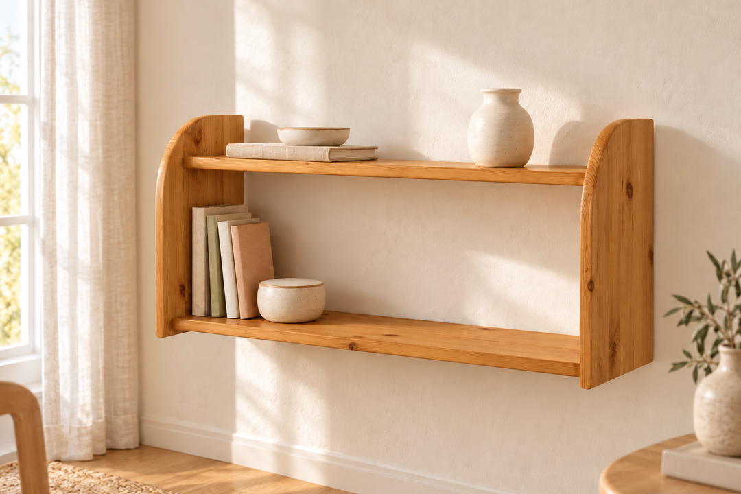 Markus Bücherregal aus Bio Kiefer | mit 2 Ablageböden Wandregal aus 100% massivem Holz – Antik Kiefer – Modell- und Farbansicht