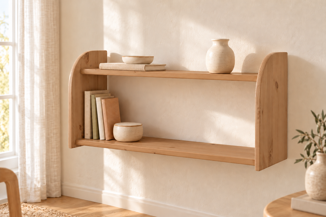 Markus Bücherregal aus Bio Kiefer | mit 2 Ablageböden Wandregal aus 100% massivem Holz – Capuccino – Modell- und Farbansicht