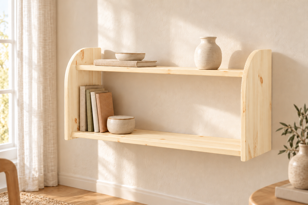 Markus Bücherregal aus Bio Kiefer | mit 2 Ablageböden Wandregal aus 100% massivem Holz – Natur unbehandelt ohne Lack – Modell- und Farbansicht