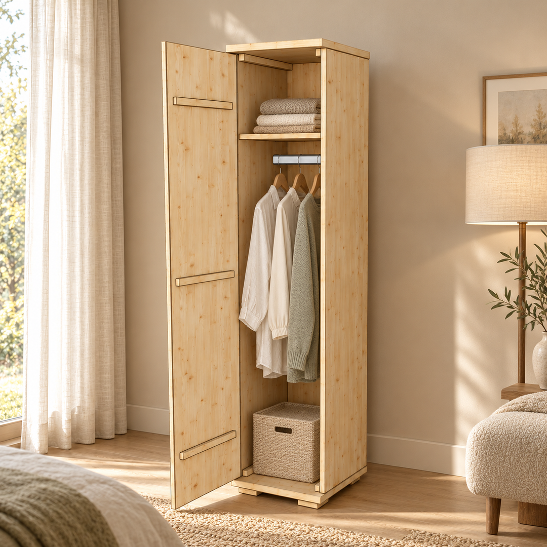kiefer_massivholz_Nobis Kleiderschrank Kiefer, 42 cm Tiefe 1-Türig mit Kleiderstange aus Kiefer Massivholz – Innenansicht
