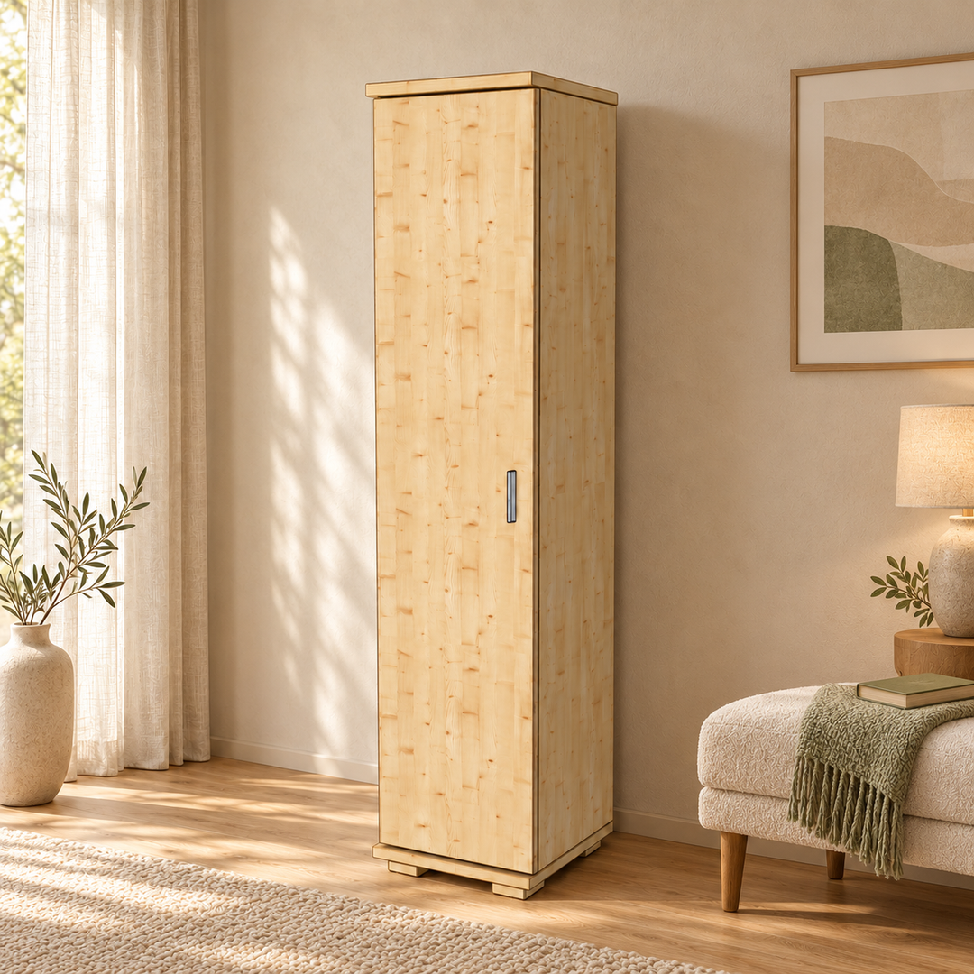 kiefer_massivholz_Nobis Kleiderschrank Kiefer, 42 cm Tiefe 1-Türig mit Kleiderstange aus Kiefer Massivholz – Wohnbeispiel