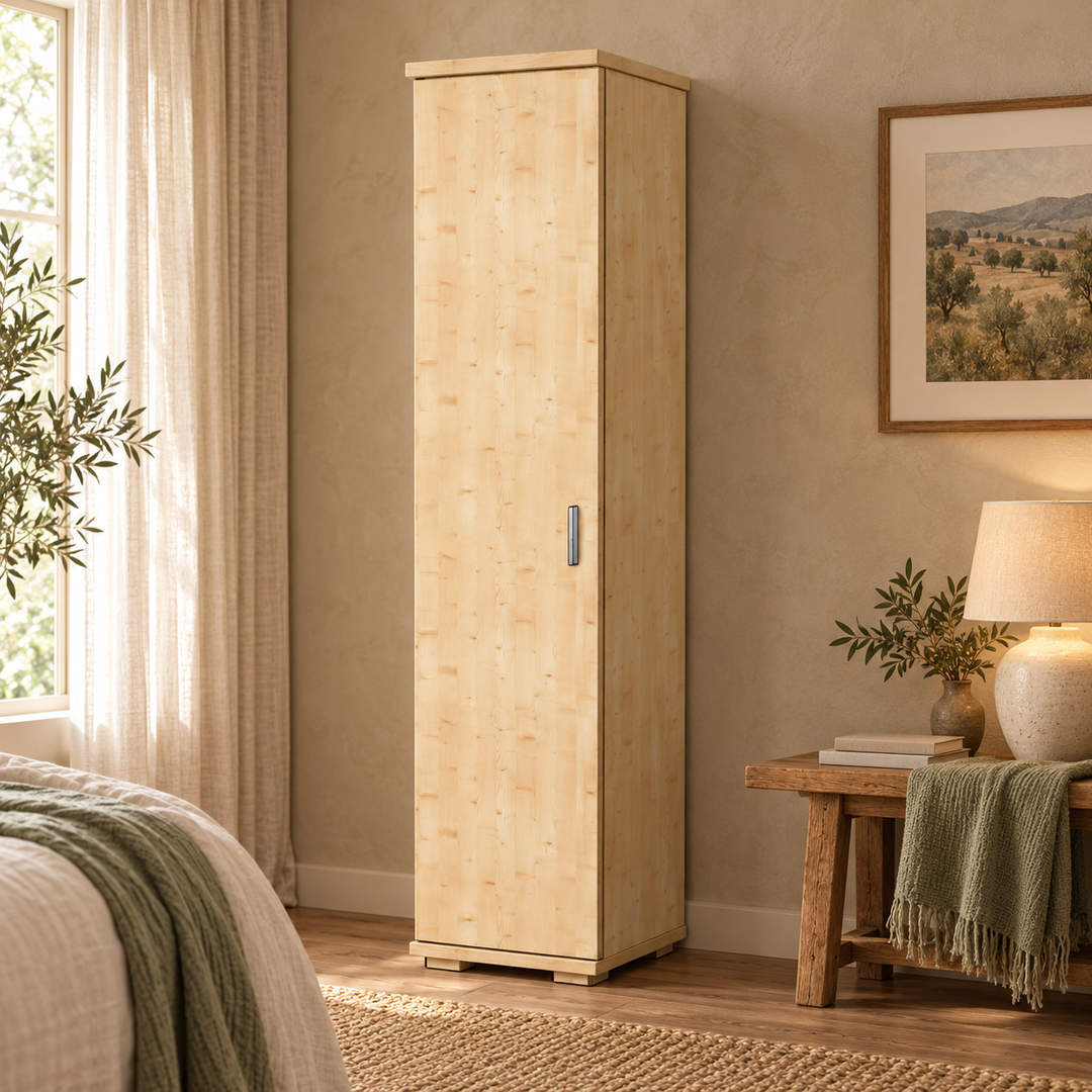 kiefer_massivholz_Nobis Kleiderschrank Kiefer, 59 cm Tiefe 1-Türig mit Kleiderstange aus Kiefer Massivholz – Wohnbeispiel