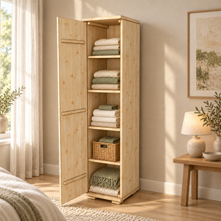 Nobis Kleiderschrank Kiefer, 59 cm Tiefe 1-Türig mit Regalen aus massivem Kiefernholz – Innenansicht