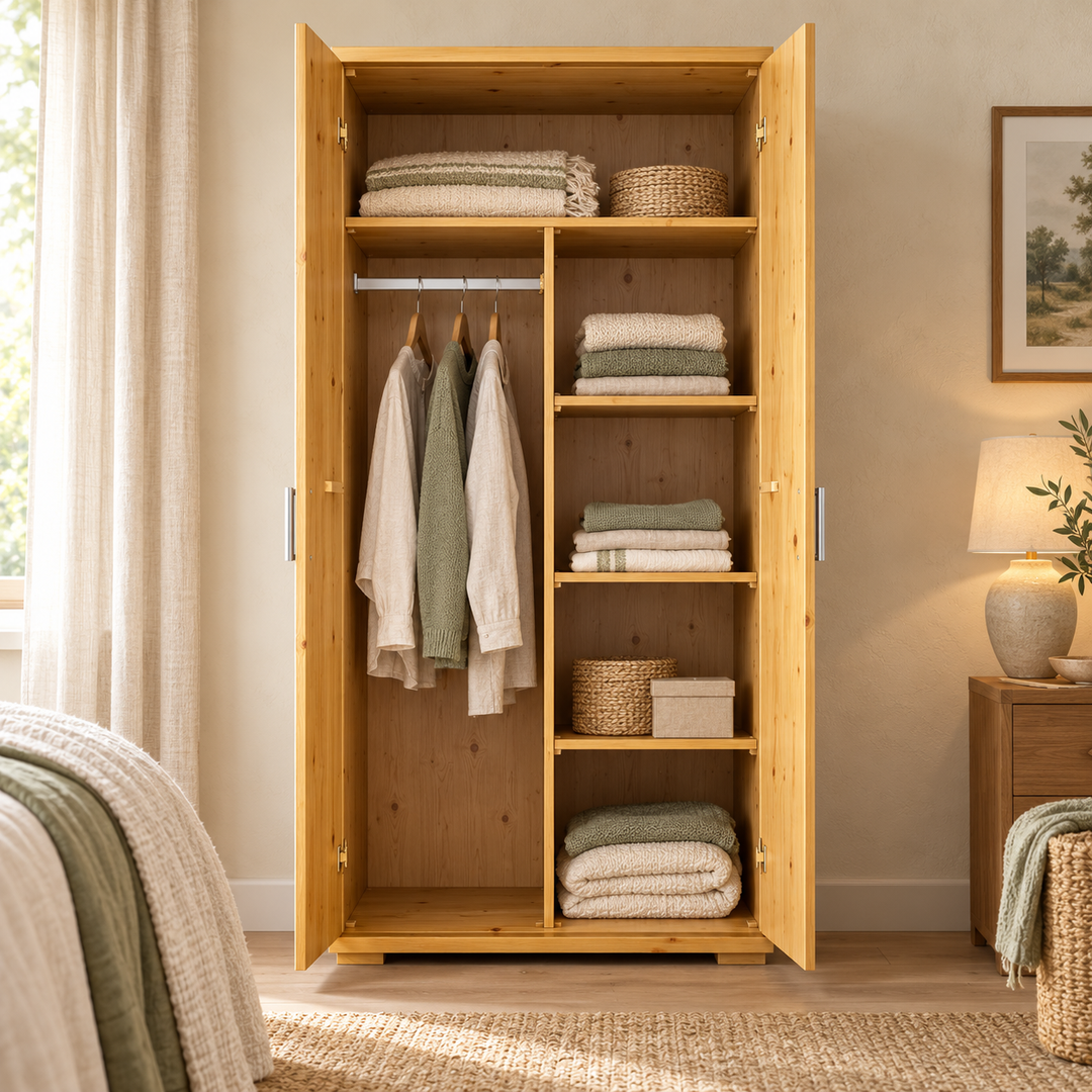 Nobis Kleiderschrank Kiefer, 2-Türig mit Kleiderstange und Regalen aus massivem Holz – Innenansicht