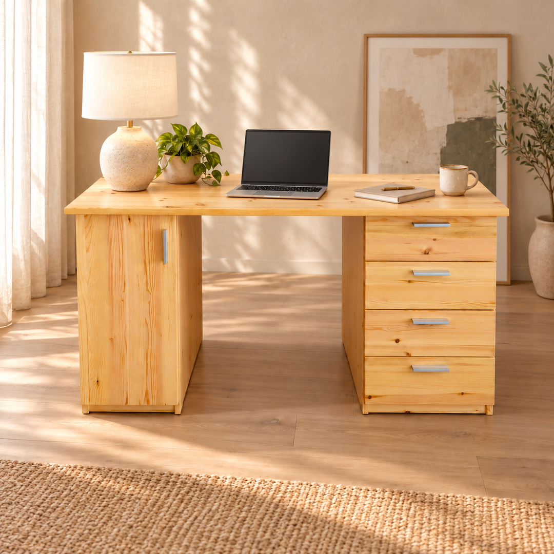 kiefer_massivholz_Nobis Bürotisch Kiefer, 1-Türig mit 4 Schubladen aus massivem Holz – Natur, Wohnbeispiel