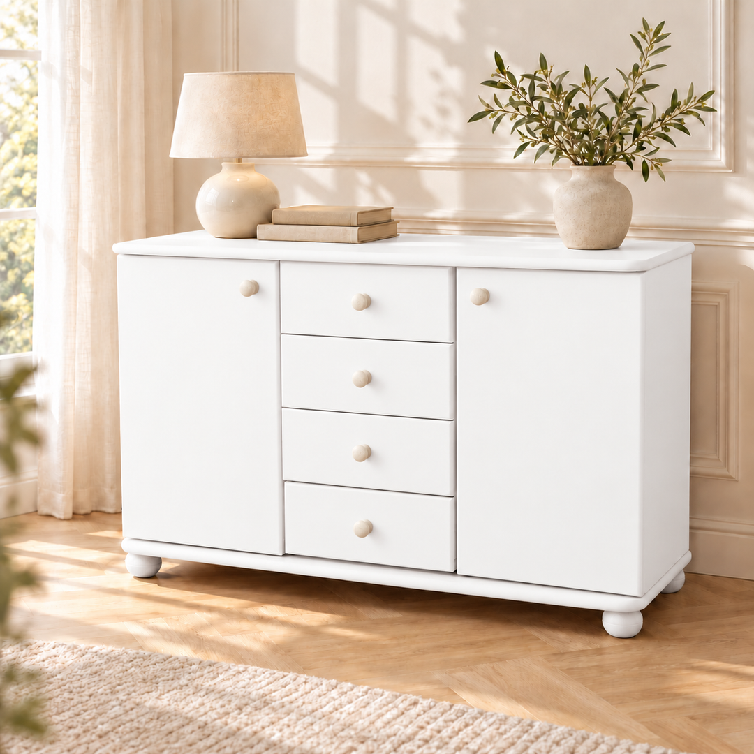 Claudia Kommode Bio Massivholz | Sideboard Anrichte mit 4 Schubladen und 2 Türen – Schneeweiß, vollständig deckend; Farbvisualisierung 451