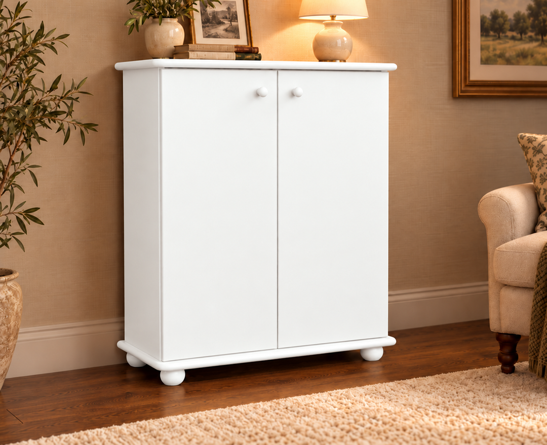 Anika Kommode 110er Bio Kiefer Massivholz | 2-Türig Sideboard mit Regalfächern | Anrichte aus 100% Massivholz – Schneeweiß vollständig deckend; Farbvisualisierung