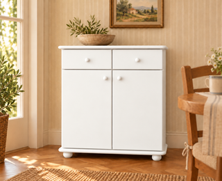 Anika Kommode Bio Kiefer Massivholz | Sideboard mit 2 Schubladen, 2 Türen und 2 Regalfächern – Schneeweiß vollständig deckend; Farbvisualisierung