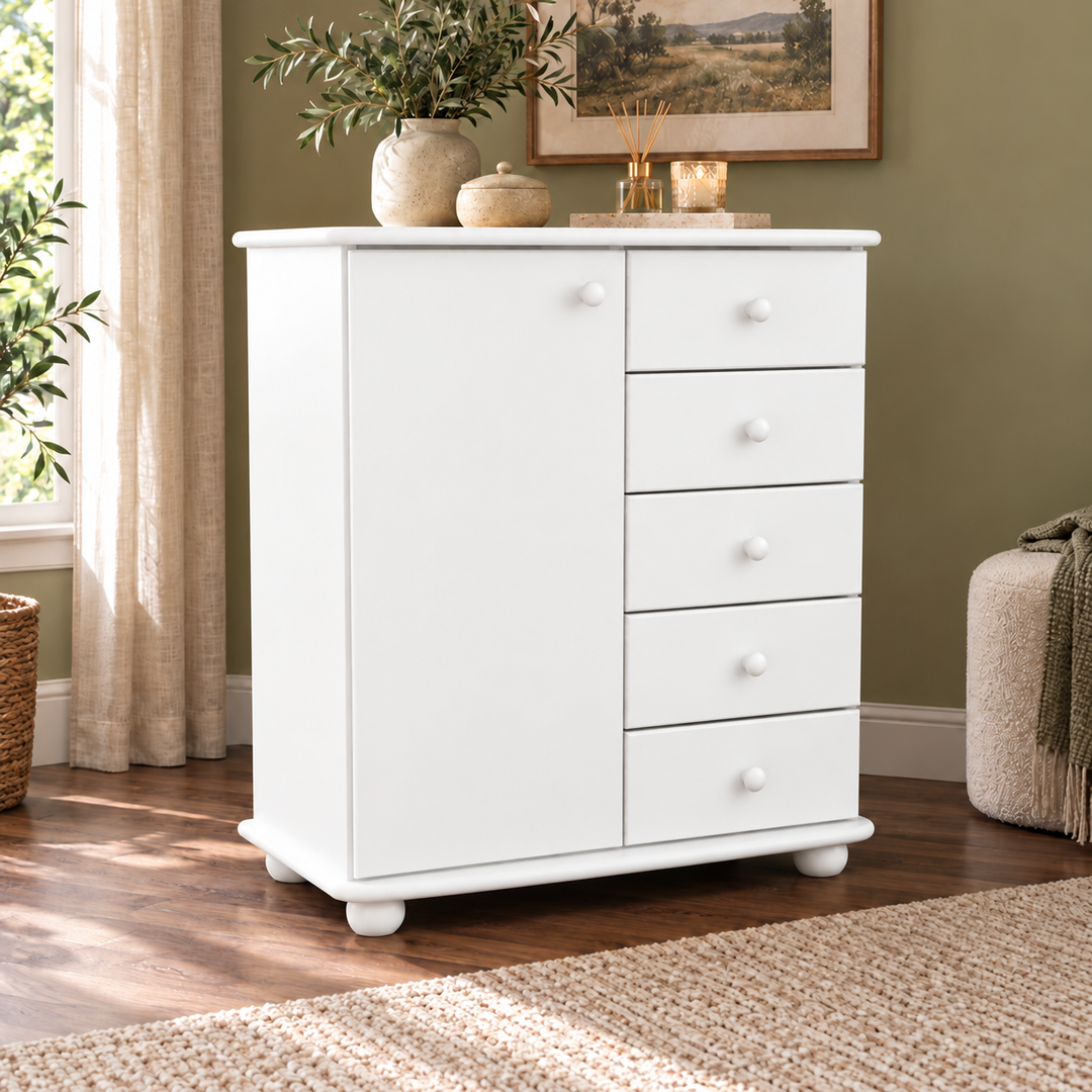 Anika Kommode Bio Kiefer Massivholz | Sideboard mit 5 Schubladen und 1 Tür – Schneeweiß vollständig deckend; Farbvisualisierung