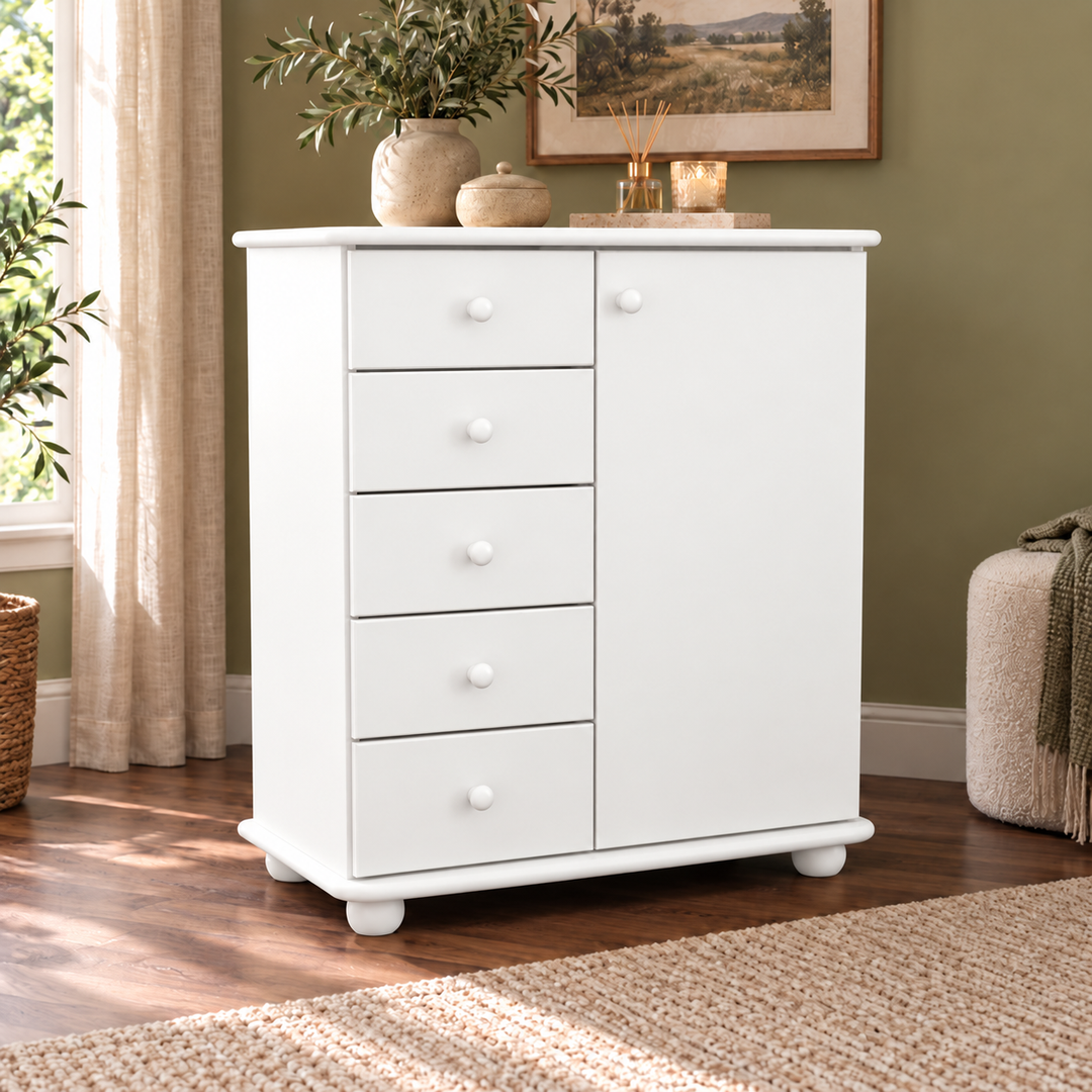 Anika Kommode Bio Kiefer Massivholz | Sideboard mit 5 Schubladen und 1 Tür – Schneeweiß vollständig deckend; Farbvisualisierung