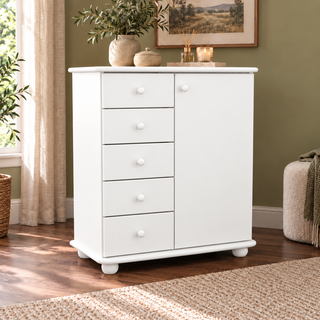 Anika Kommode Bio Kiefer Massivholz | Sideboard mit 5 Schubladen und 1 Tür – Schneeweiß vollständig deckend; Farbvisualisierung