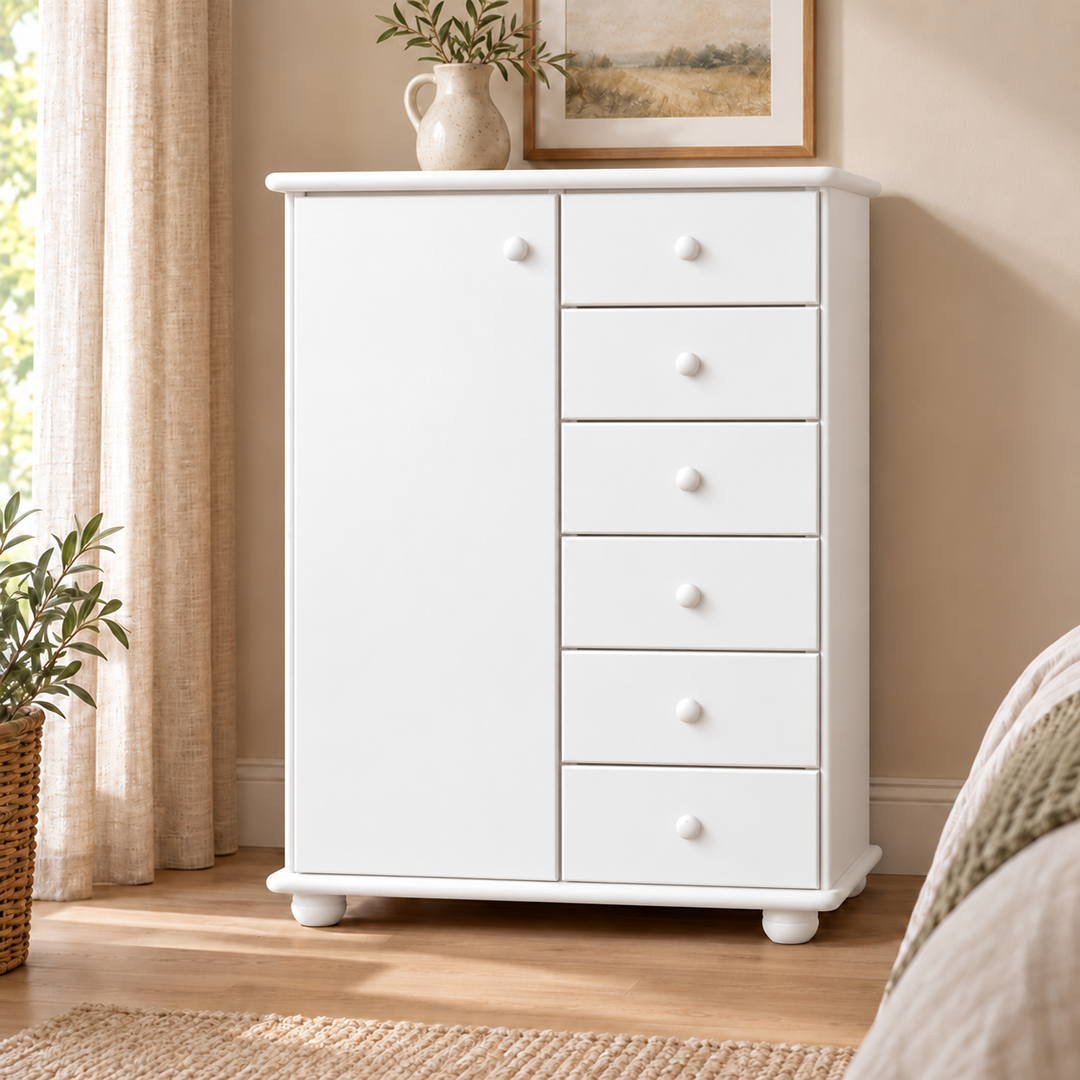 Anika Kommode 100% Bio Kiefer Massivholz | Sideboard mit 6 Schubladen und 1 Tür aus solidem Holz – Schneeweiß vollständig deckend; Farbvisualisierung