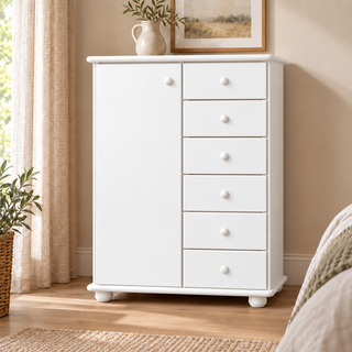 Anika Kommode 100% Bio Kiefer Massivholz | Sideboard mit 6 Schubladen und 1 Tür aus solidem Holz – Schneeweiß vollständig deckend; Farbvisualisierung