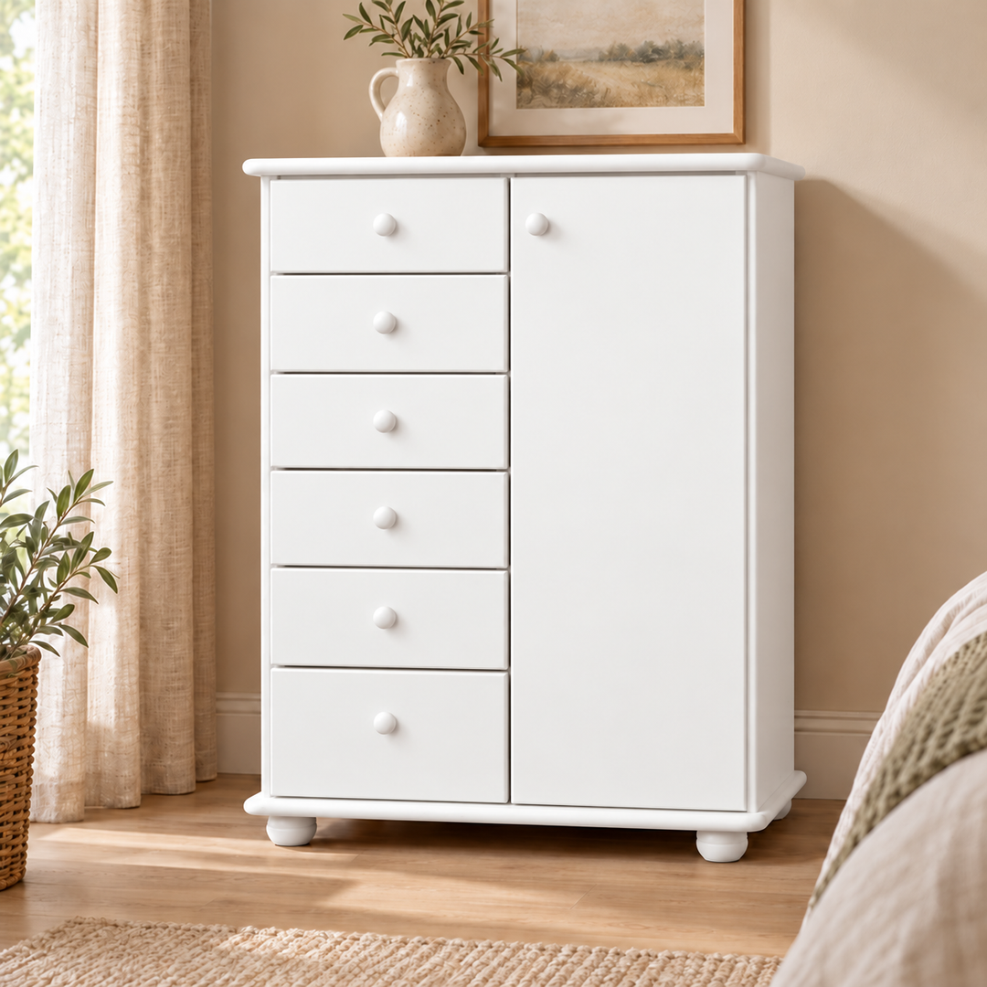 Anika Kommode 100% Bio Kiefer Massivholz | Sideboard mit 6 Schubladen und 1 Tür aus solidem Holz – Schneeweiß vollständig deckend; Farbvisualisierung