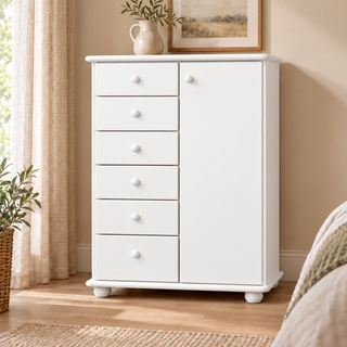 Anika Kommode 100% Bio Kiefer Massivholz | Sideboard mit 6 Schubladen und 1 Tür aus solidem Holz – Schneeweiß vollständig deckend; Farbvisualisierung
