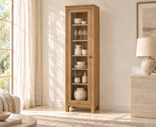Silage Vitrine Kiefer Premium – Handgefertigte 1-türige Vitrine für stilvolle Wohnräume – Capuccino – sechs Fächer, fünf Einlegeböden, FOG-100 Holzknopf