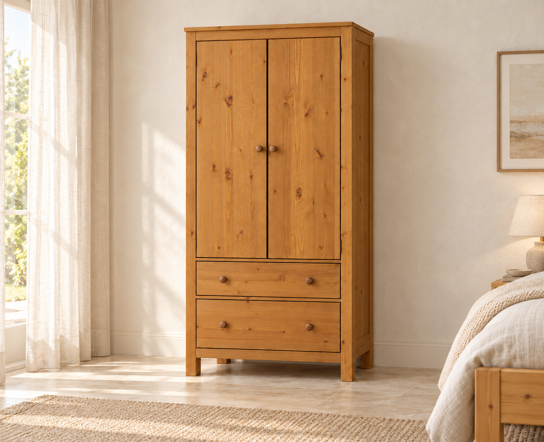 Silage Kleiderschrank Premium – Perfekte Stauraumlösung aus 100 % Bio Kiefernholz – Antik Kiefer – FOG-100 Holzknopf – Modell- und Farbansicht