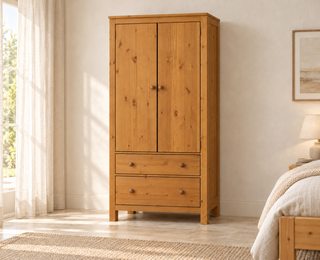 Silage Kleiderschrank Premium – Perfekte Stauraumlösung aus 100 % Bio Kiefernholz – Antik Kiefer – FOG-100 Holzknopf – Modell- und Farbansicht