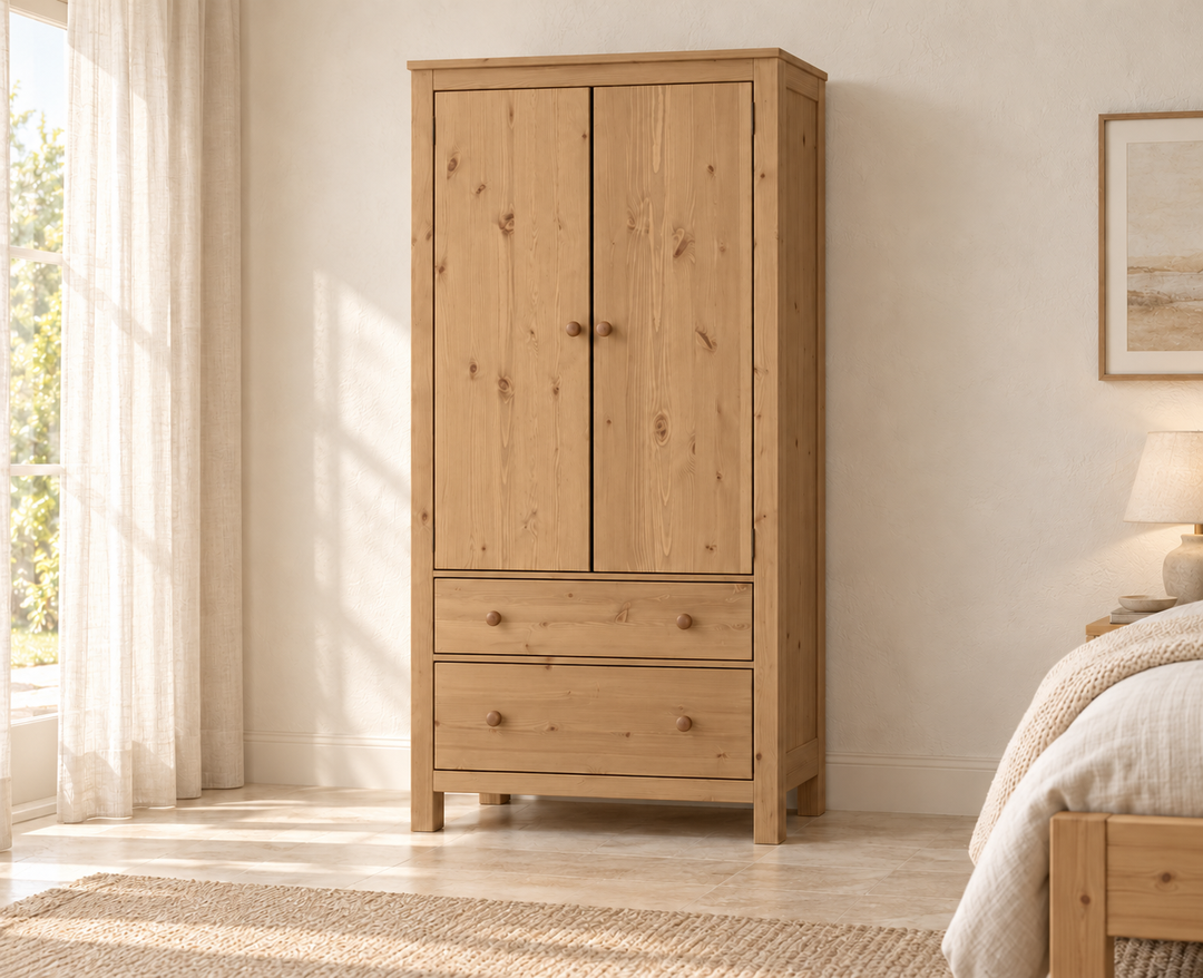 Silage Kleiderschrank Premium – Perfekte Stauraumlösung aus 100 % Bio Kiefernholz – Capuccino – FOG-100 Holzknopf – Modell- und Farbansicht