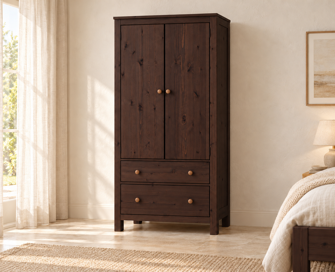 Silage Kleiderschrank Premium – Perfekte Stauraumlösung aus 100 % Bio Kiefernholz – Wenge – FOG-100 Holzknopf – Modell- und Farbansicht