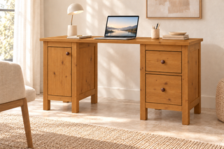 Premium Kiefer Massivholz Schreibtisch | Handgefertigt für Ihr ideales Büro – Antik Kiefer – FOG-100 Holzknopf – Modell- und Farbansicht