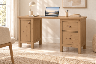 Premium Kiefer Massivholz Schreibtisch | Handgefertigt für Ihr ideales Büro – Capuccino – FOG-100 Holzknopf – Modell- und Farbansicht