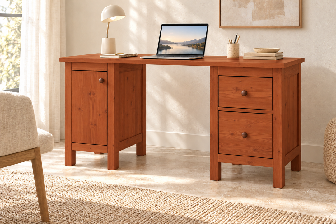 Premium Kiefer Massivholz Schreibtisch | Handgefertigt für Ihr ideales Büro – Kirsch – FOG-100 Holzknopf – Modell- und Farbansicht