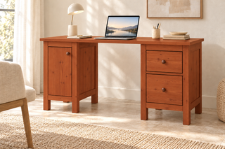 Premium Kiefer Massivholz Schreibtisch | Handgefertigt für Ihr ideales Büro – Kirsch – FOG-100 Holzknopf – Modell- und Farbansicht