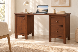 Premium Kiefer Massivholz Schreibtisch | Handgefertigt für Ihr ideales Büro – Kolonial – FOG-100 Holzknopf – Modell- und Farbansicht
