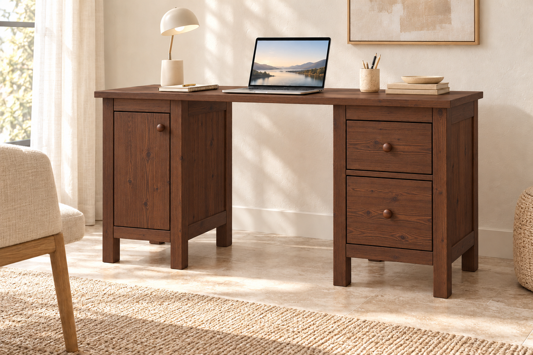 Premium Kiefer Massivholz Schreibtisch | Handgefertigt für Ihr ideales Büro – Nussbaum – FOG-100 Holzknopf – Modell- und Farbansicht