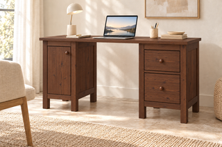 Premium Kiefer Massivholz Schreibtisch | Handgefertigt für Ihr ideales Büro – Nussbaum – FOG-100 Holzknopf – Modell- und Farbansicht