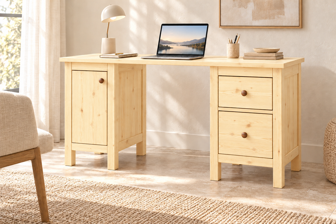 Premium Kiefer Massivholz Schreibtisch | Handgefertigt für Ihr ideales Büro – Natur unbehandelt ohne Lack – FOG-100 Holzknopf – Modell- und Farbansicht