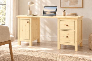 Premium Kiefer Massivholz Schreibtisch | Handgefertigt für Ihr ideales Büro – Natur unbehandelt ohne Lack – FOG-100 Holzknopf – Modell- und Farbansicht