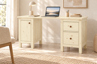 Premium Kiefer Massivholz Schreibtisch | Handgefertigt für Ihr ideales Büro – Weiss – FOG-100 Holzknopf – Modell- und Farbansicht