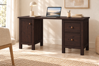 Premium Kiefer Massivholz Schreibtisch | Handgefertigt für Ihr ideales Büro – Wenge – FOG-100 Holzknopf – Modell- und Farbansicht