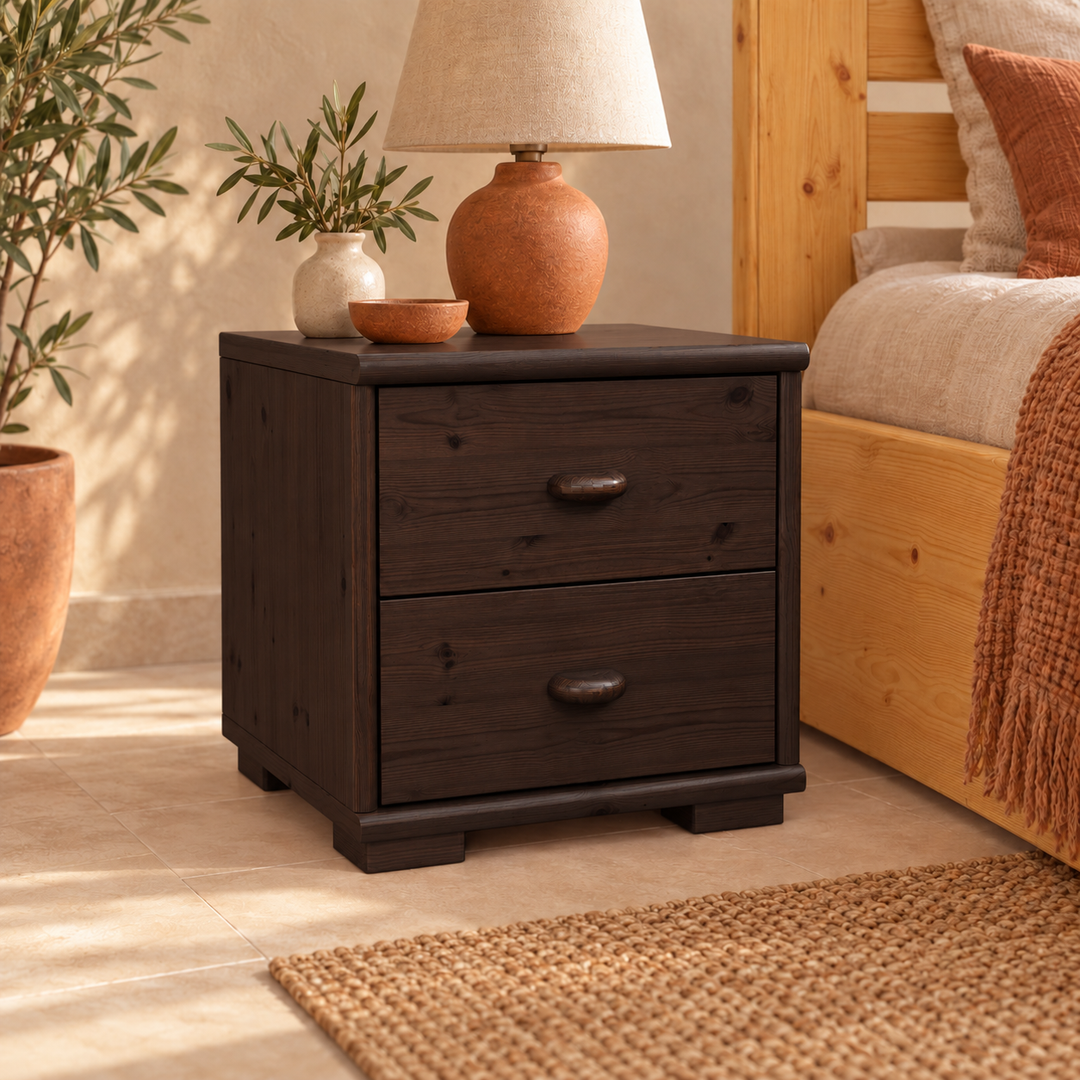 Vanessa Kiefer Nachttisch 100% Bio Kiefer mit 2 Schubladen – Massivholz Nachtschrank – Wenge