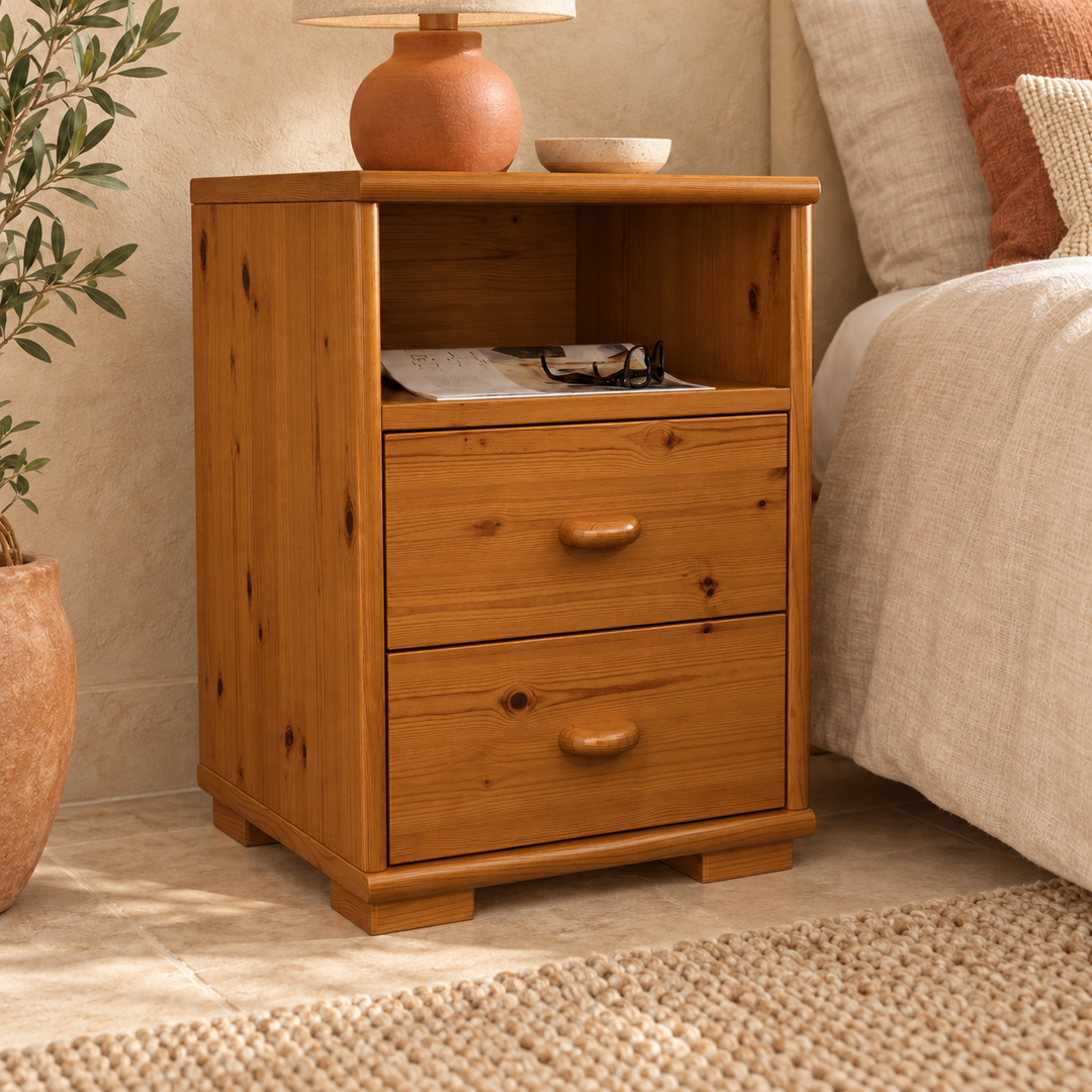Vanessa Kiefer Massivholz Nachttisch Kiefer mit 2 Schubladen und 1 Regal aus 100% Bio Kiefer – Antik Kiefer