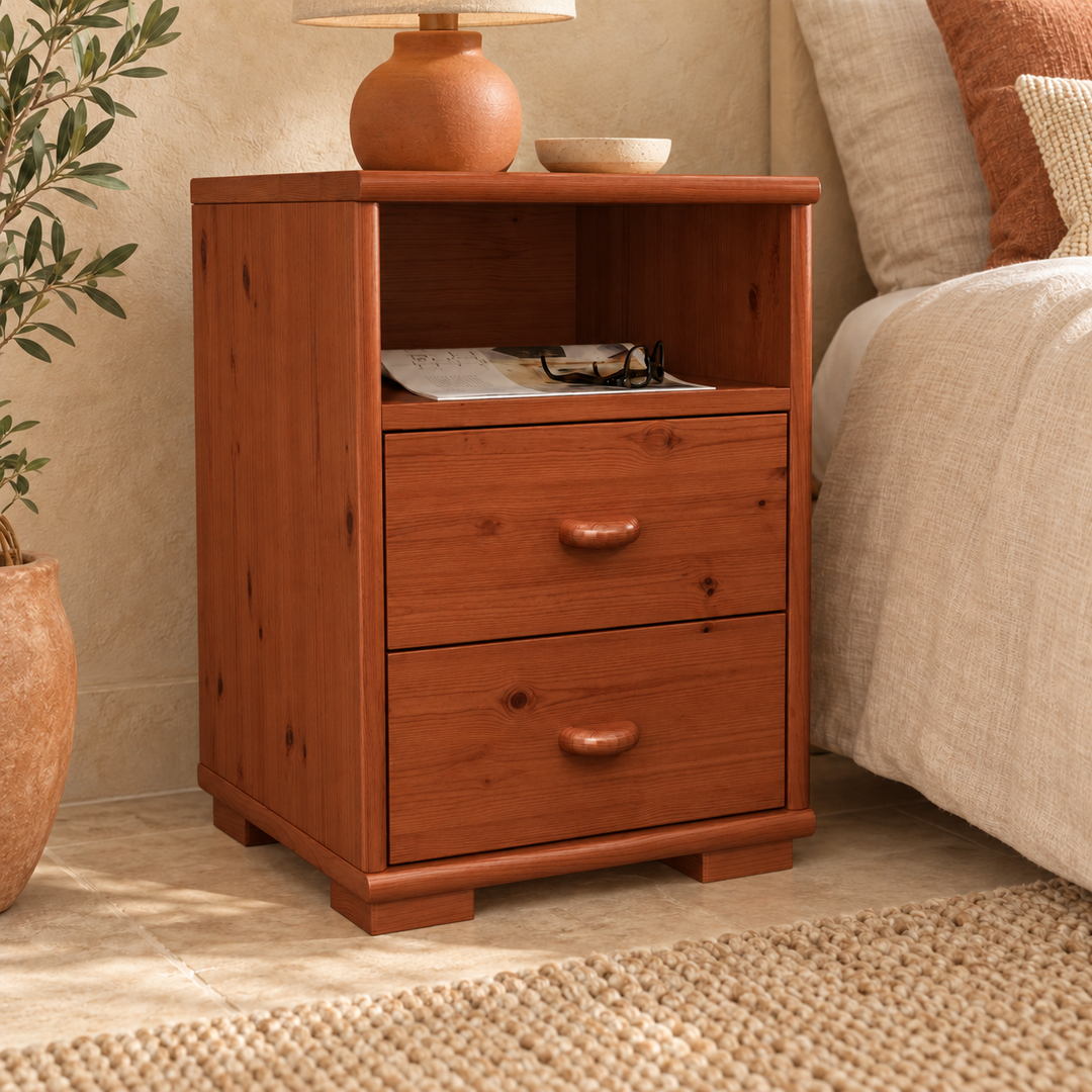Vanessa Kiefer Massivholz Nachttisch Kiefer mit 2 Schubladen und 1 Regal aus 100% Bio Kiefer – Kirsch