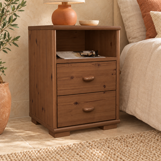 Vanessa Kiefer Massivholz Nachttisch Kiefer mit 2 Schubladen und 1 Regal aus 100% Bio Kiefer – Nussbaum