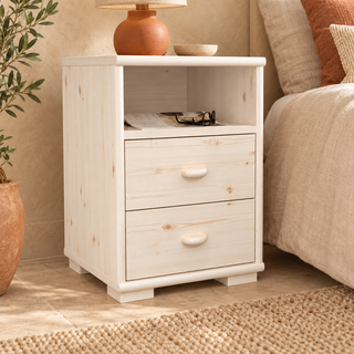 Vanessa Kiefer Massivholz Nachttisch Kiefer mit 2 Schubladen und 1 Regal aus 100% Bio Kiefer – Weiss