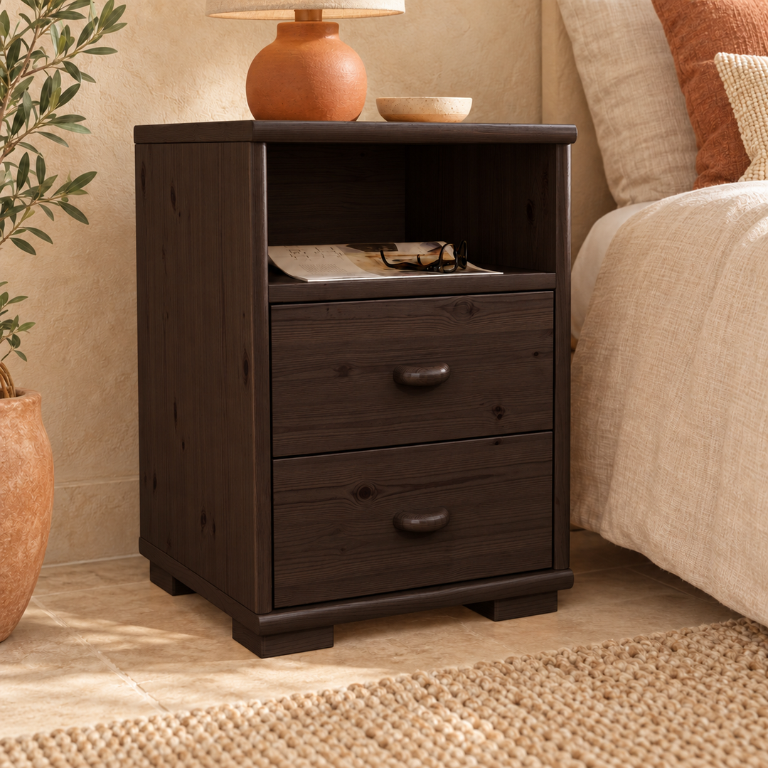 Vanessa Kiefer Massivholz Nachttisch Kiefer mit 2 Schubladen und 1 Regal aus 100% Bio Kiefer – Wenge