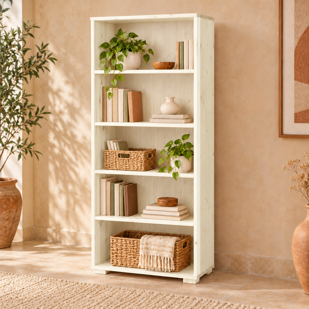 Vanessa Büroschrank aus Bio Kiefer Massivholz | Dielenschrank mit 5-Regalfächern – weiss – Wohnambiente
